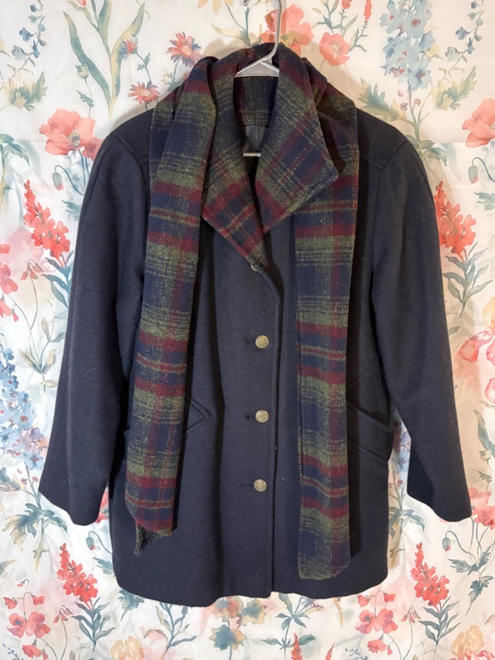 Vintage Navy Wool Blend Women's Coat with Tartan Scarf